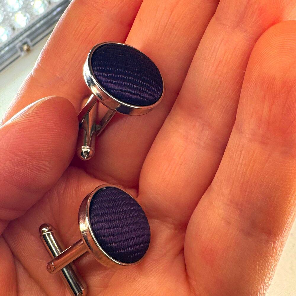 Men's Round Purple Fabric Cufflinks Silver Tone Metal Bullet Back No Stone